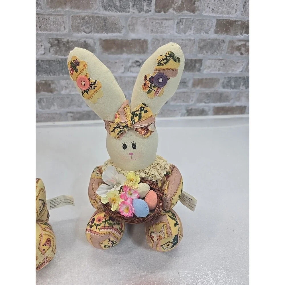 2-VTG 1999 Anco Cloth Bunny Rabbit Plush Basket W/ Easter Eggs Granny Core